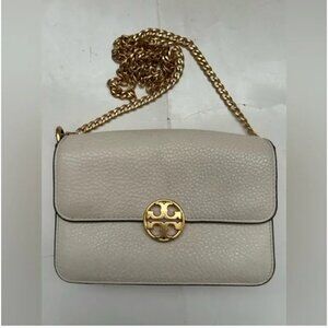 Tory Burch Leather Small Chain Strap Crossbody Shoulder Bag Off-White color